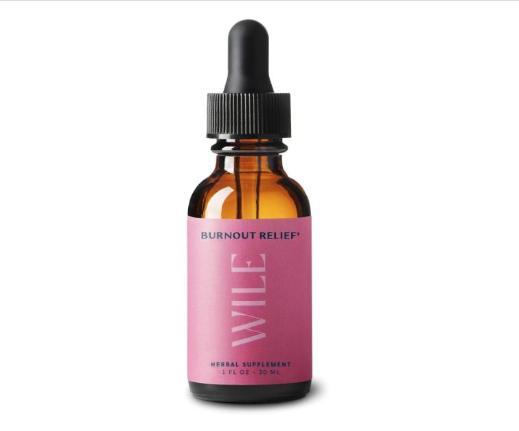 Dropper bottle with pink label that says WILE Burnout Relief Herbal Supplement